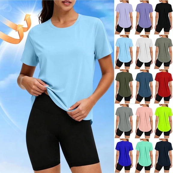 Titcea Workout Tops for Women Fast Drying Solid Color Slim Sports Short Sleeve Tops Soft Breathable Cooling Tennis Hiking Running Tops