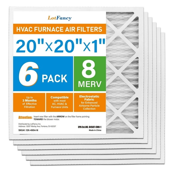 LotFancy 20x20x1 Air Filters, MERV 8 Pleated HVAC AC Furnace Filters, MPR 600 & FPR 5, 6 Pack