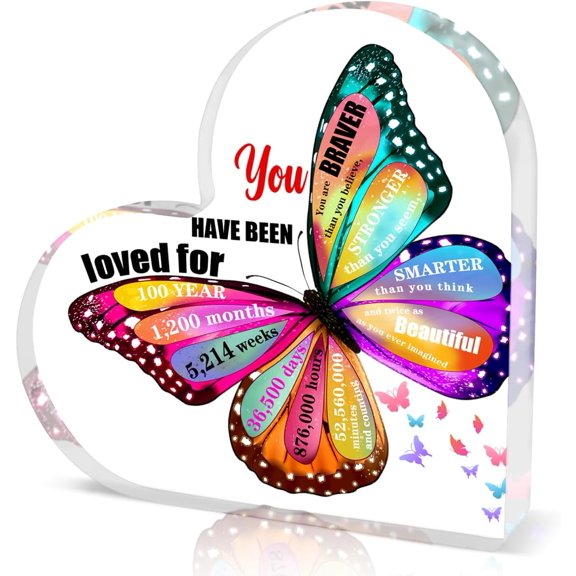 Gifts for 100 Year Old, 100th Gift for Birthdays for Women, Unique Birthday/Anniversary Present, Butterfly Gifts, Acrylic Heart Keepsake, You Have Been Loved for 100 Years 4x4 inch