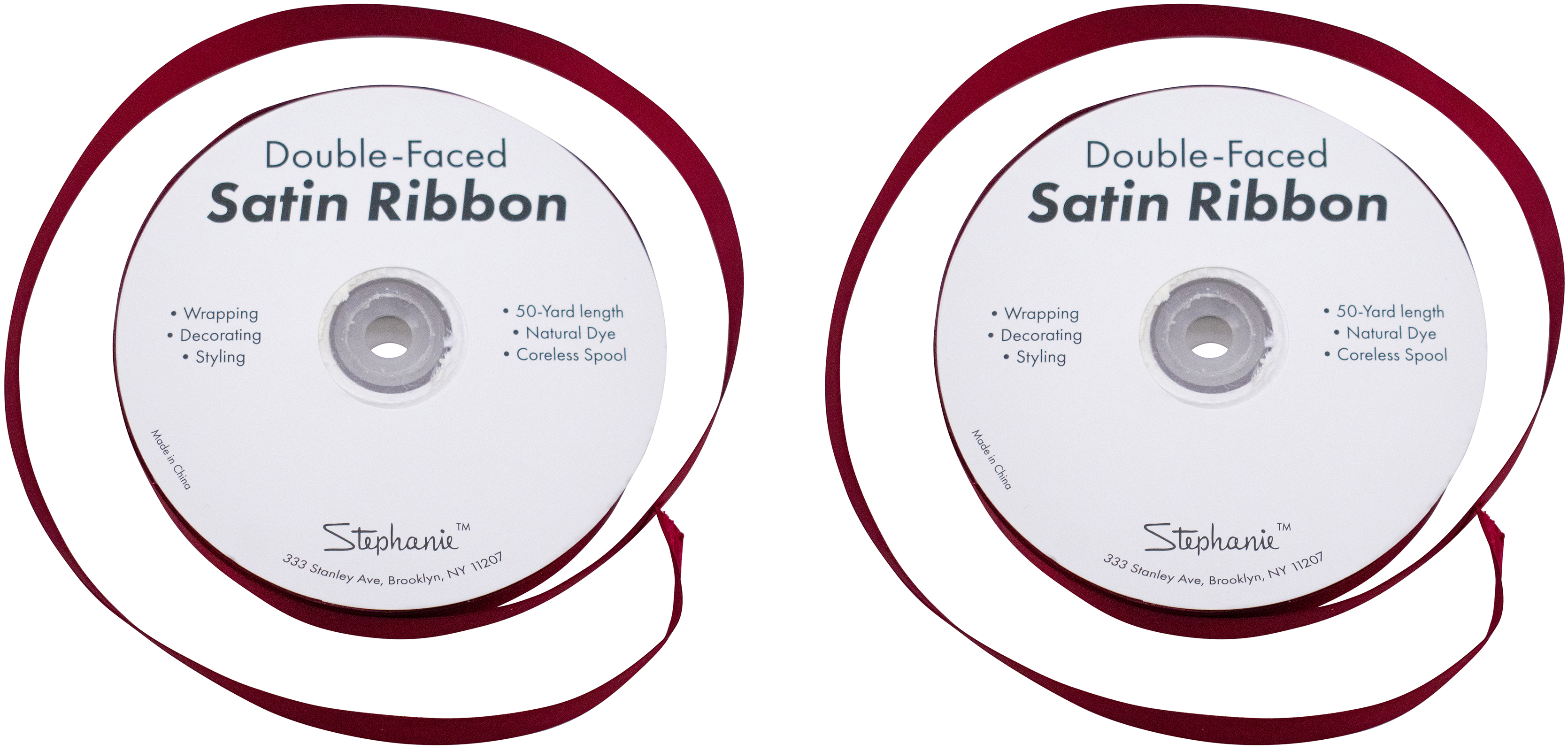 Set of 2 Double Faced Satin Ribbon 100 Yards (3/4", Burgundy)