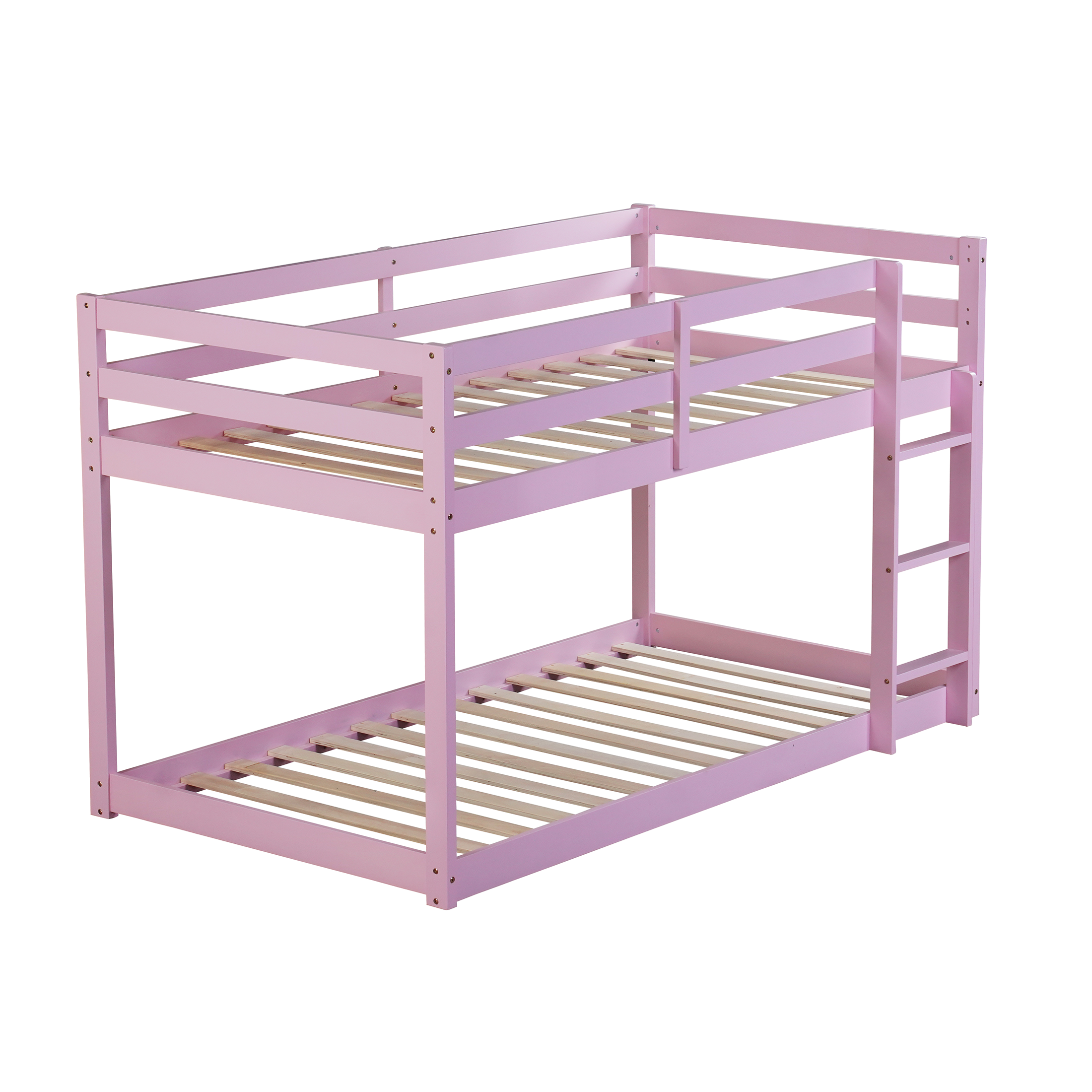 PORKISS Bunk Bed Twin Over Twin, Low Floor Bunk Bed for Kids with Guard Rails for Dorm, Small Space, No Box Spring Needed, Pink