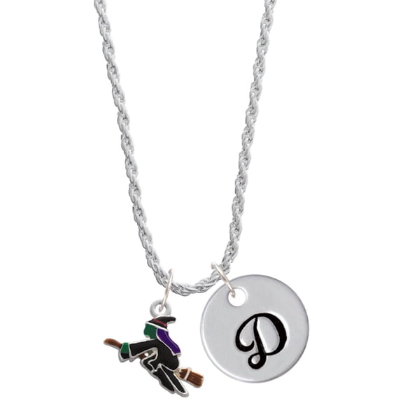 Delight Jewelry Silvertone Flying Witch Silvertone Script Initial Disc - D - Charm Necklace, 20"+3"