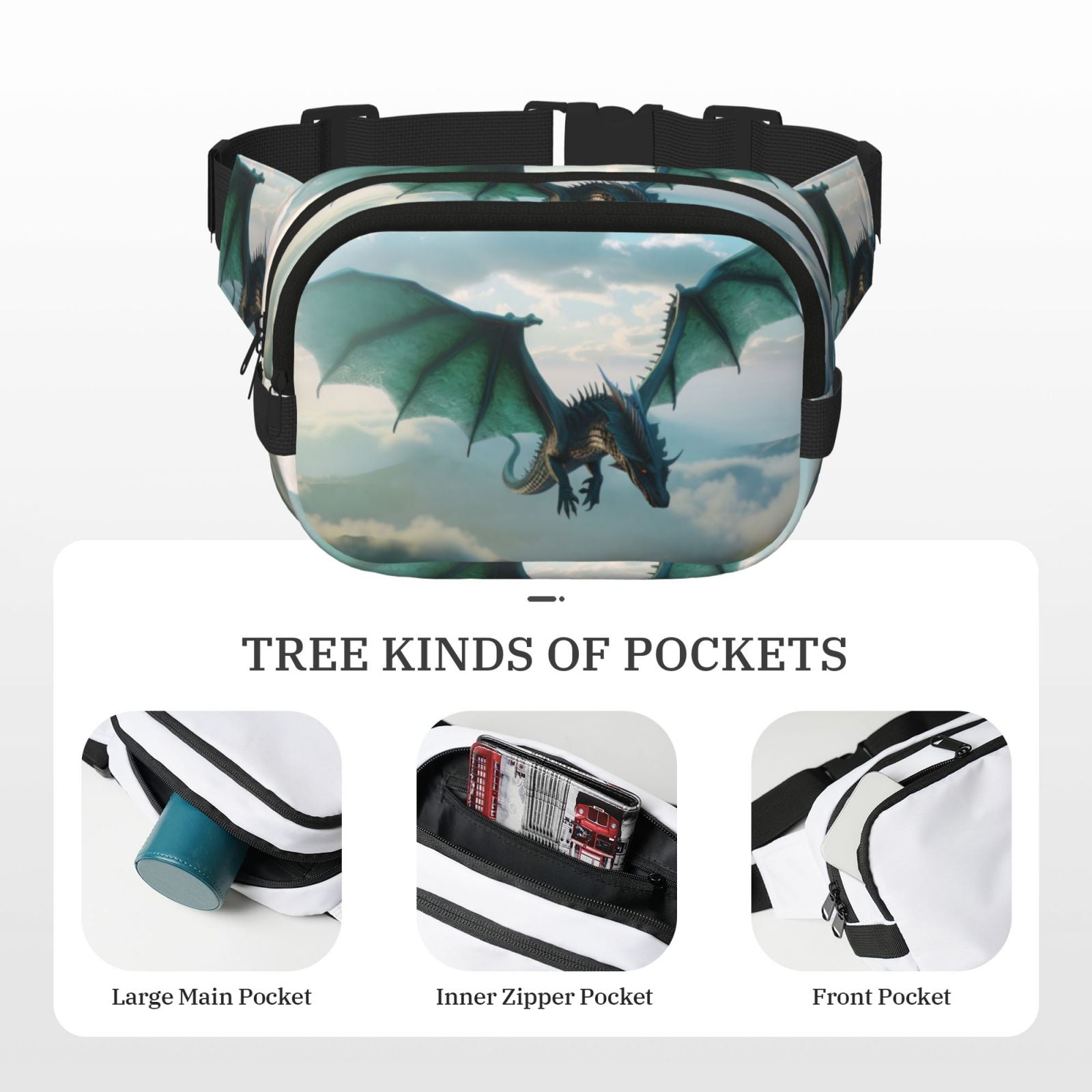 Picia Cloud Sky Green Dragon Print Square Double-Layer Waist Bag Mini Adjustable Waist Belt Bag Exercise Running Travel Hiking