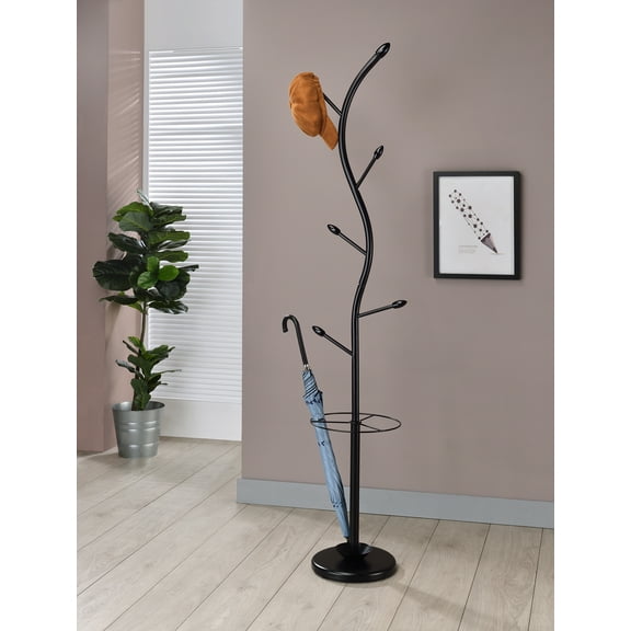Minerva Freestanding Entryway Coat & Hat Rack with Umbrella Holder, Black Metal with Wooden Tips