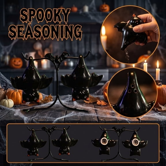 1‑Set Hanging Bats Salt and Pepper Shaker Set with Display Stand, Halloween Gothic Tabletop Kitchen Condiment Decor, Spooky Shelf Countertop Collectible Ornament for Halloween Home Party