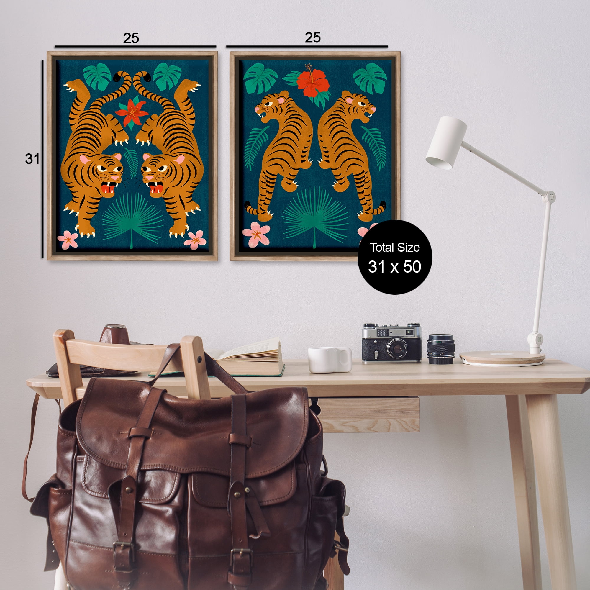 Stupell Industries Twin Jungle Tigers Animals Painting Brown Floater Framed Canvas Art Print Wall Art, 31 x 25, Set of 2