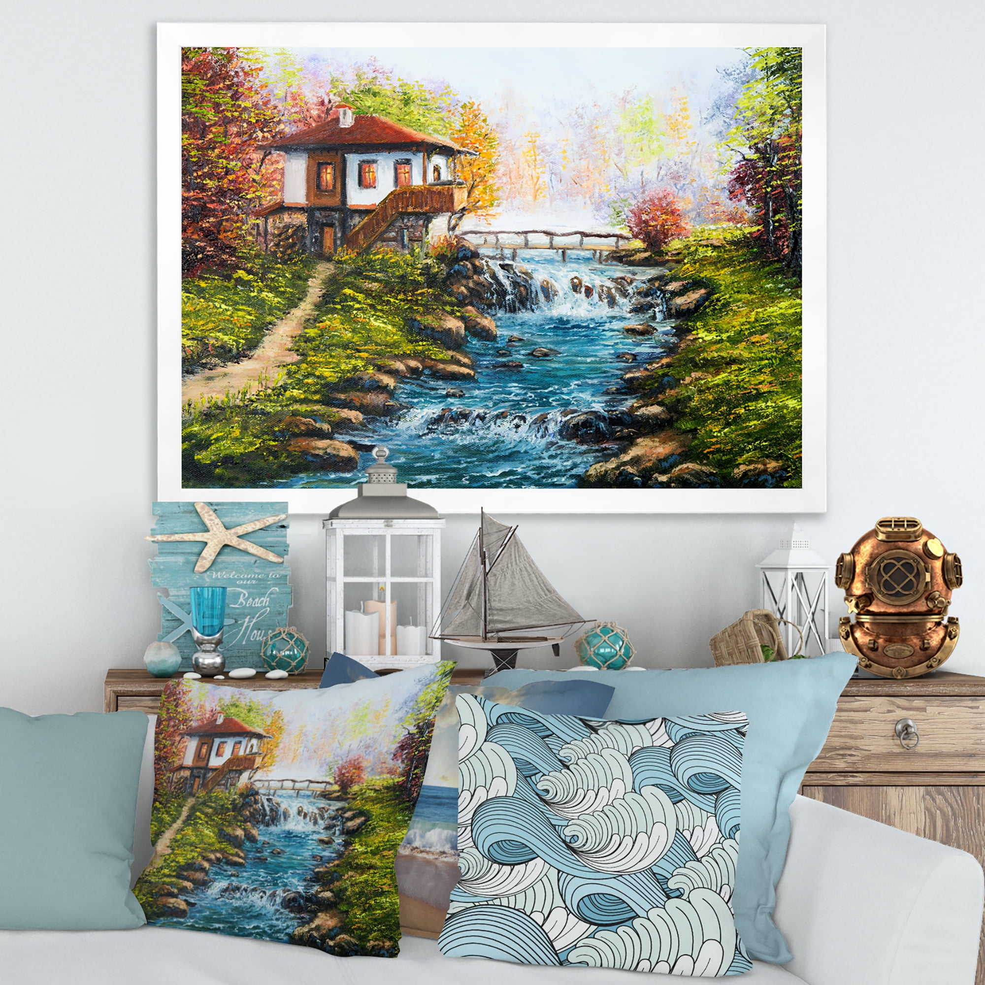 Designart 'Traditional Bulgarian River and House' Lake House Framed Art Print