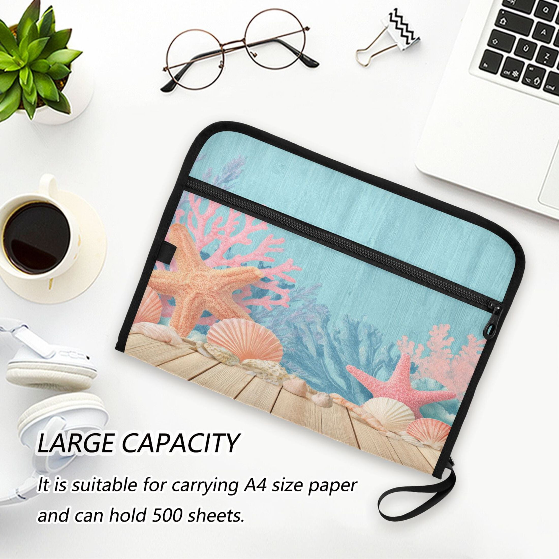 Accordion File Organizer with Zip Closure 13 Pockets Expanding File Folder Letter A4 Paper Document Organizer for Home Office Colorful Starfish and Seashells