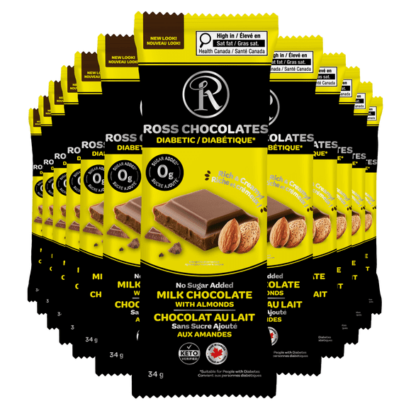 Ross Chocolates - Chocolate Bars No Sugar Added Milk Chocolate with Almonds x12