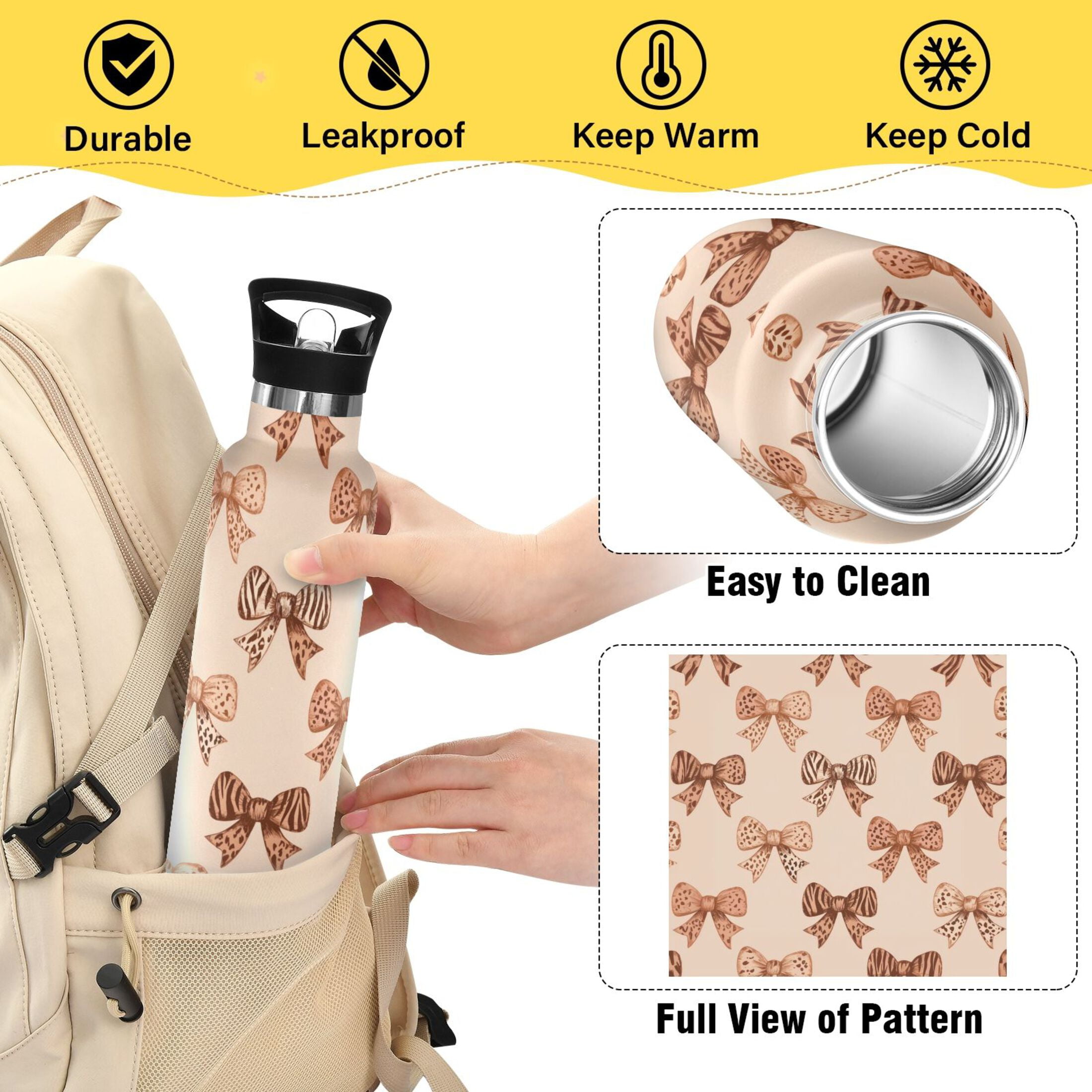 Kids Insulated Stainless Steel Sports Water Bottle 600ml (20oz) Leopard Print Bow