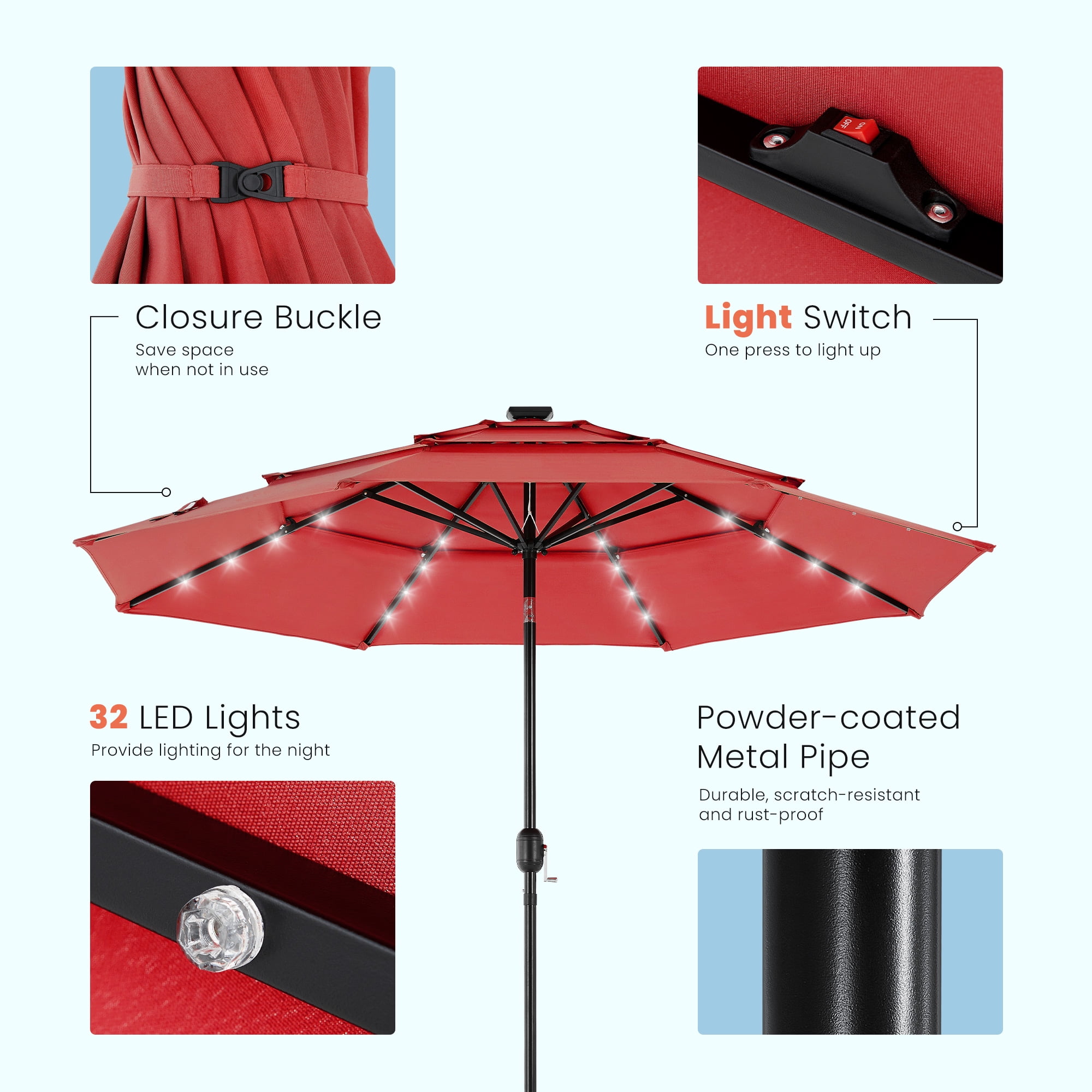 EDX 10ft 3-Tier Solar Patio Umbrella with 32 LED Lights, Outdoor Umbrellas with Push Button Tilt and Crank,Red