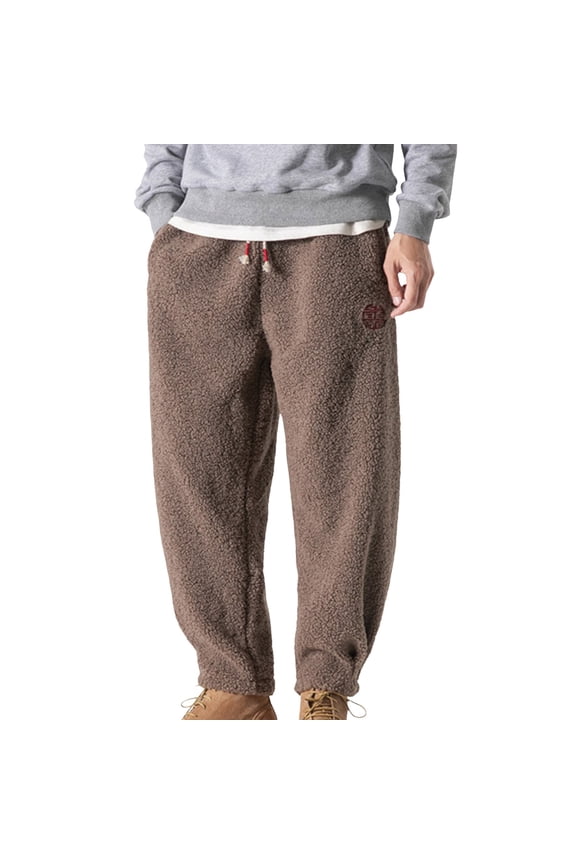 Mens Teddy Plush Jogger Pants Elastic Waist Drawstring Traditional Character Embroidery Casual Trousers For Street Daily Wear Versatile Bottoms