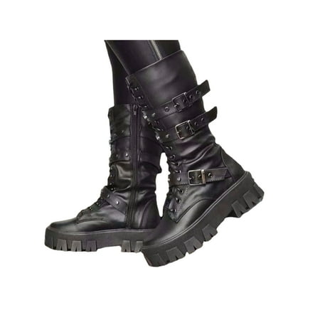 

Harsuny Women s Rounded Toe Mid Calf Booties Side Zip Combat Block Heel Ankle Boots Ladies Platform Shoes Black 7.5