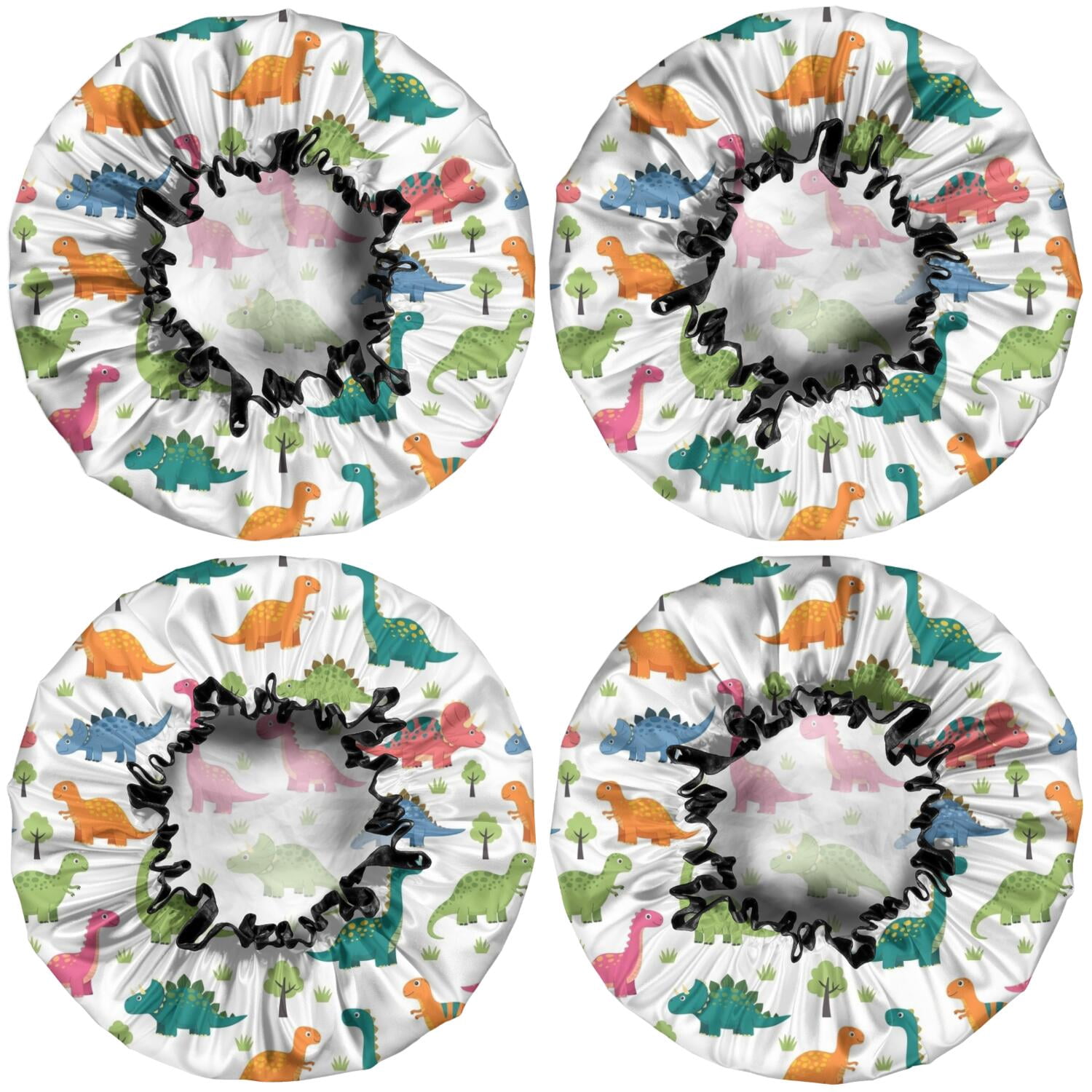 Shower Caps,White Cartoon Dinosaurs Trees Pattern Waterproof Shower Cap for Women 4 Pieces,Double Reusable Hair Cover for Shower PEVA Elastic Stretch Hem