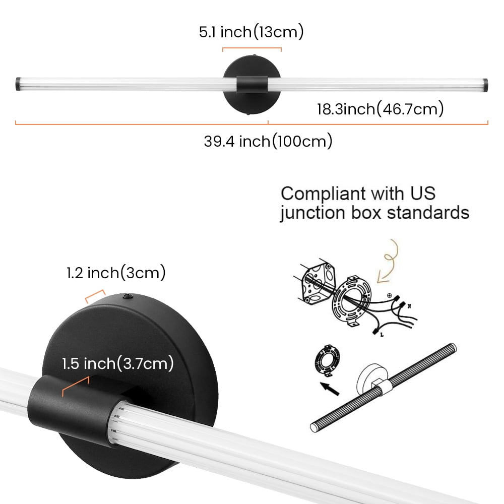 Deyidn 39.4 inch Black Modern Wall Sconce, Dimmable LED Light Bar for Mirror, Dresser, or Vanity