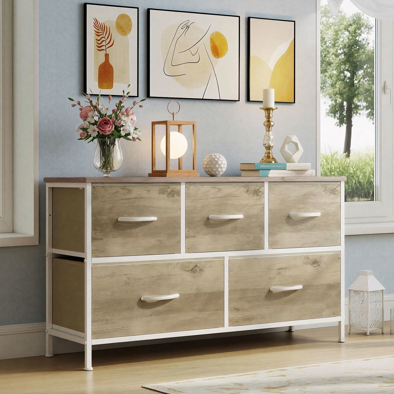 edx 5 Drawers Fabric Dresser for Bedroom, Storage Organizer, Wide Chest of Drawers for Closet, Clothes, TV Stand, Wood Board, Oak