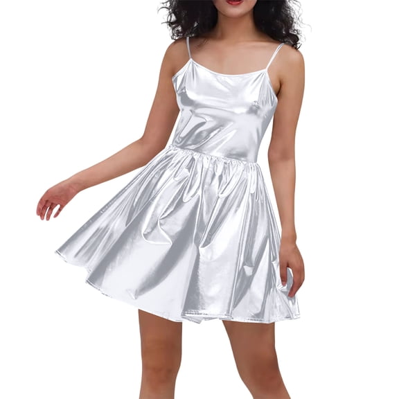 Mifsaly Shiny Satin Mini Dress Women Pleated A Line Adjustable Straps High Waist Metallic Dresses Dance Evening Party Outfits XL