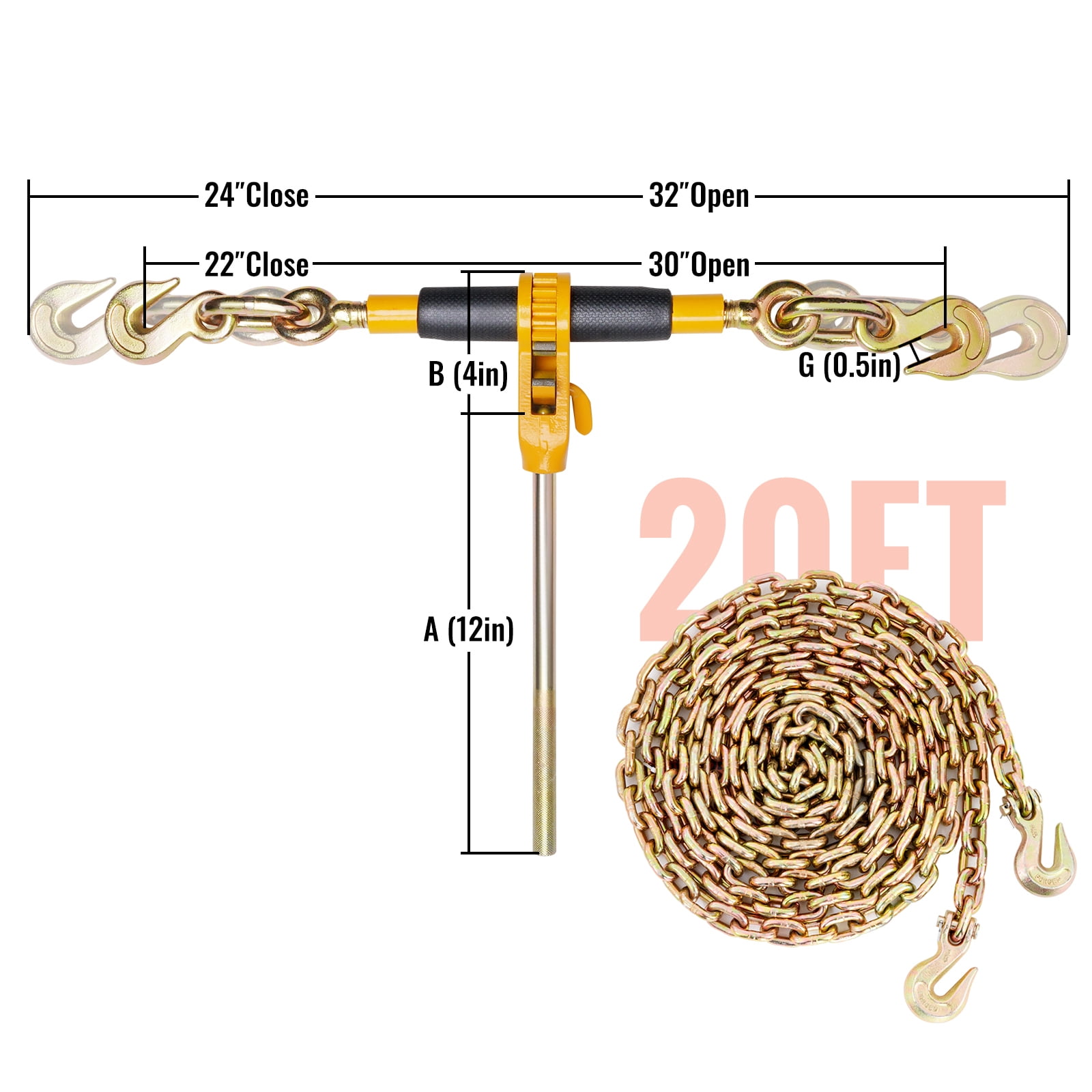 KFFKFF Chain Tightener, 5/16"-3/8" Robust Load Securing Binders, Equipped with G80 Chains for 7100 lbs Maximum Load, Ergonomic Anti-slip Handle, 2pcs