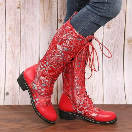 YOTAMI Boots for Women 2022 Winter Women Flat Flower Embroidered Ladies Lace Up Mid-Calf Retro Zipper Casual Boots Red
