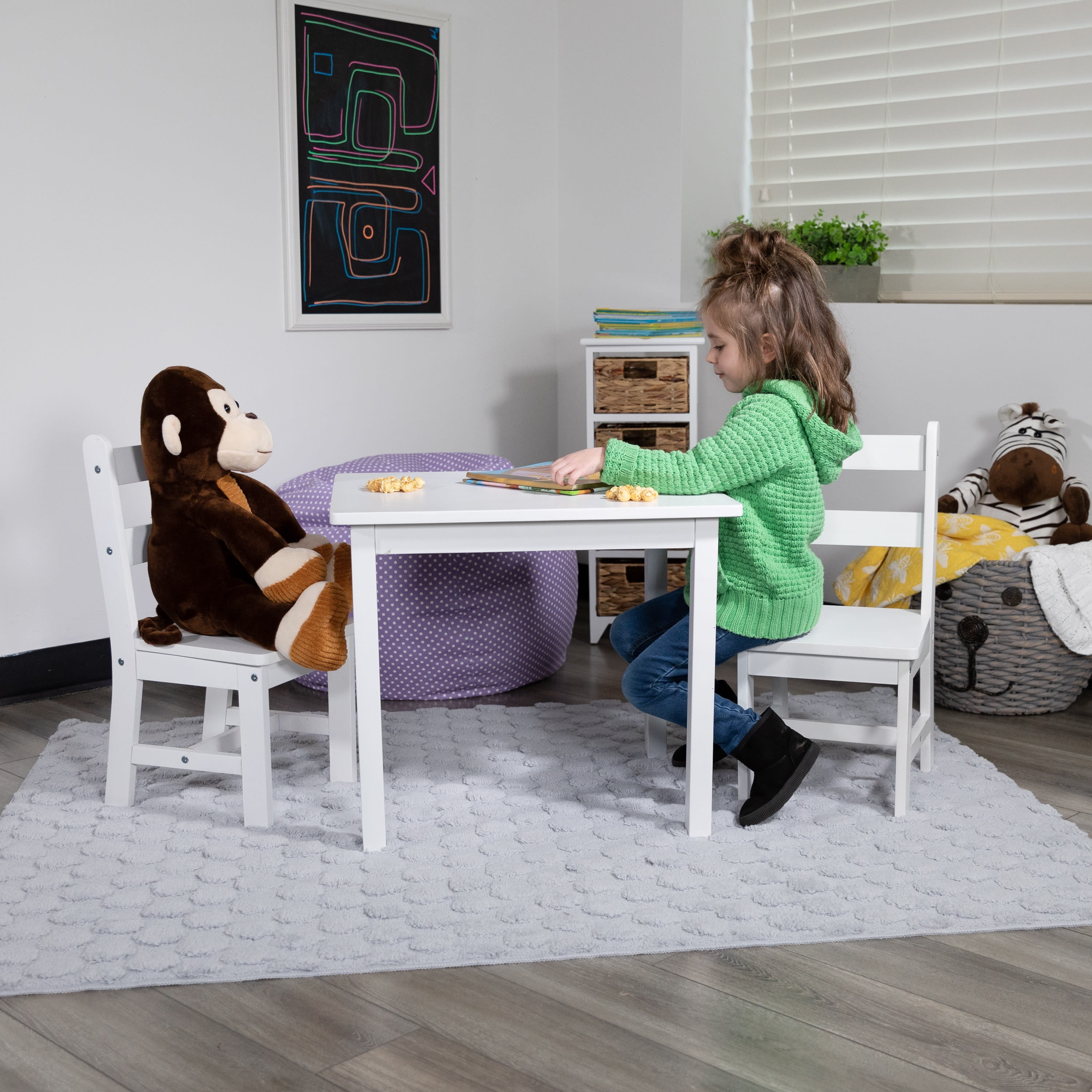 Emma + Oliver Kids 3 Piece Solid Hardwood Table and Chair Set for Playroom, Kitchen - White