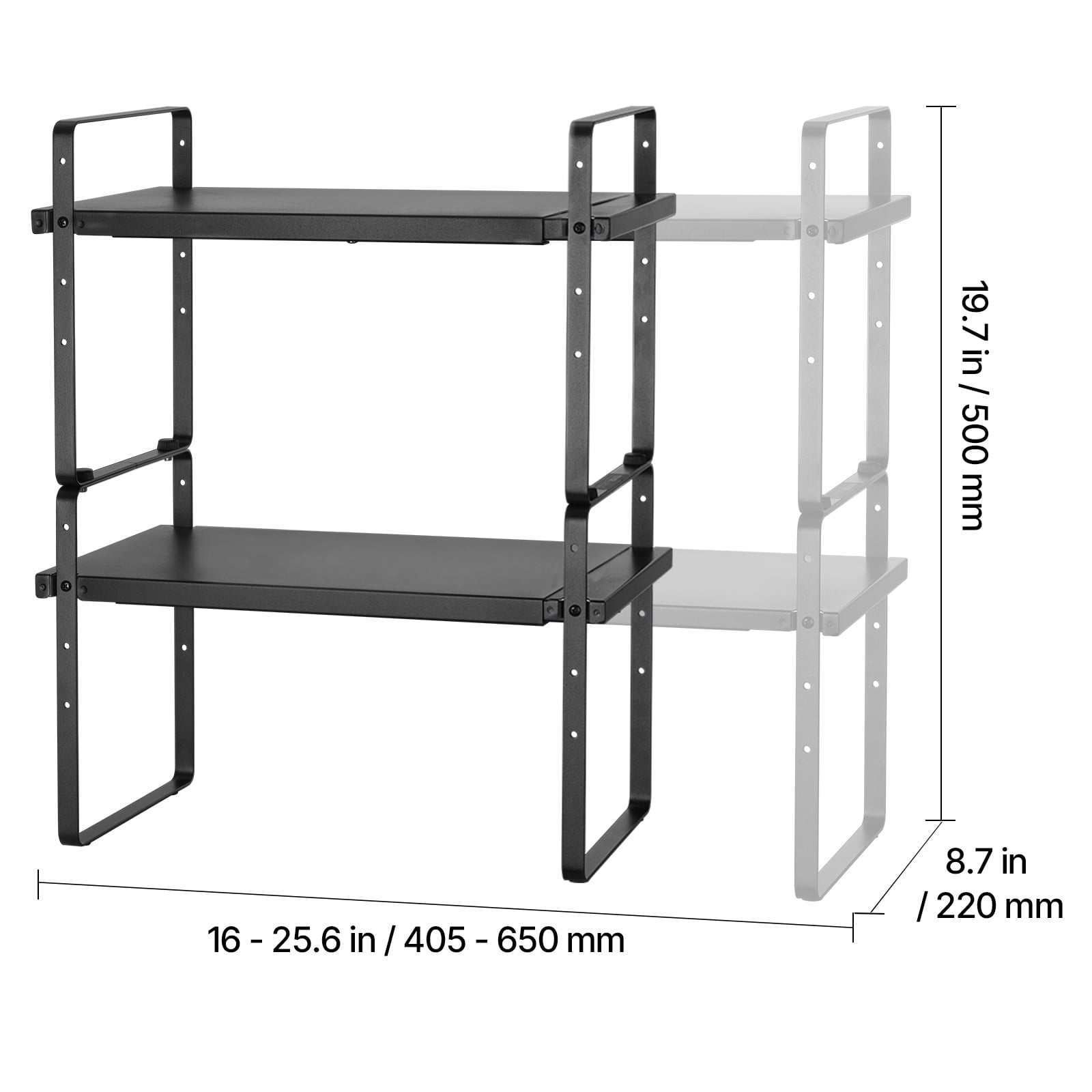 VEVOR Adjustable Kitchen Cabinet Shelf Organizer, Expandable 2 Tier Cabinet Shelf, Stackable Countertop Organizers and Storage Shelf Risers, Pantry Organizers for Kitchen Bathroom Office, Black