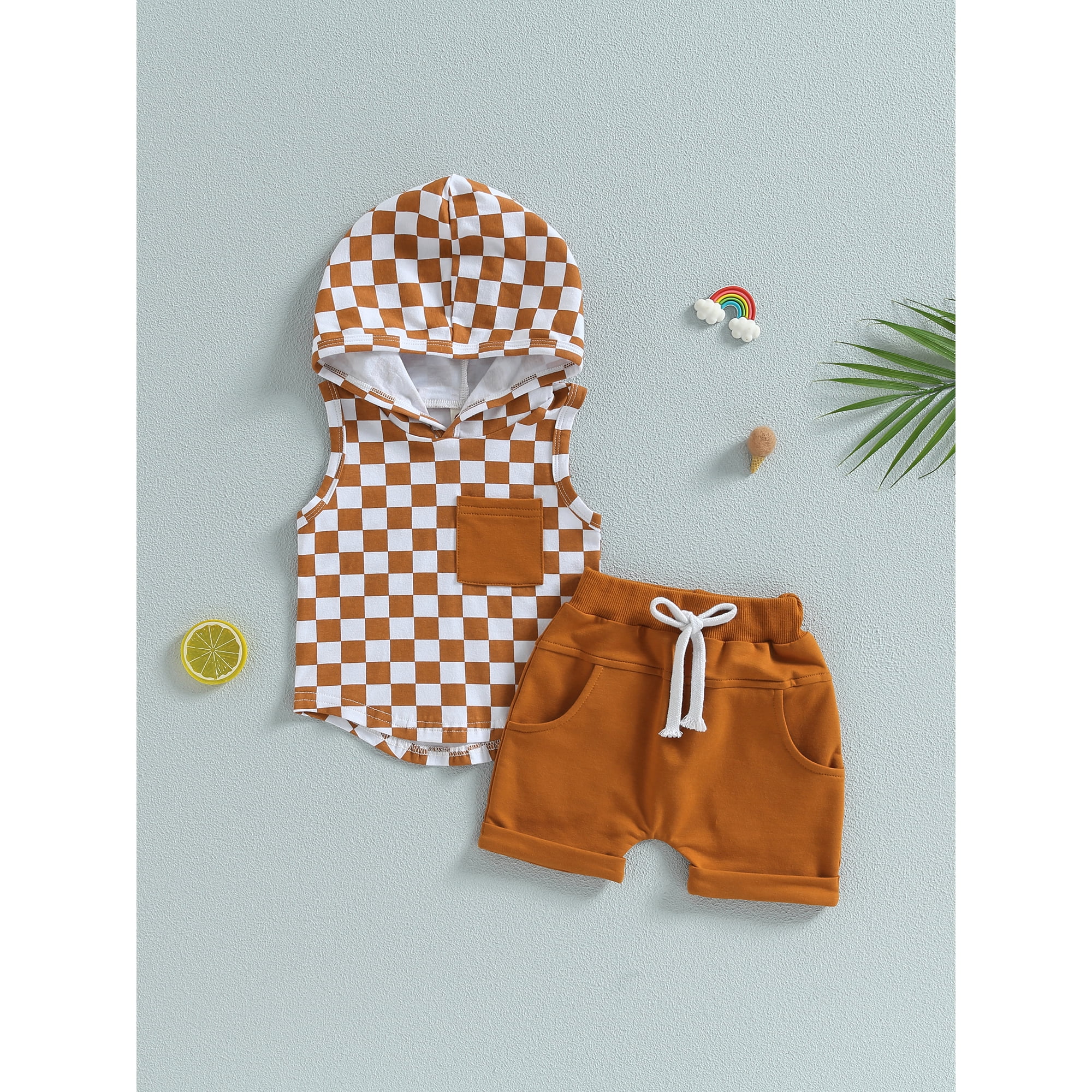 Sunisery Toddler Baby Boys Summer Vest Shorts Outfits Checkerboard  Sleeveless Hoodie T-shirt Casual Shorts Sets Brown 6-12 Months 