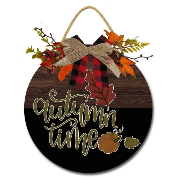 Eveokoki 11" Autumn Time Wooden Door Sign, Welcome Front Door Plaque Hanger Home Decoration for Farmhouse Office Coffee Shop,Hanging Sign Board with Hanging String for Home Decor