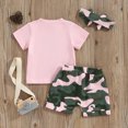 thumbnail image 3 of Elippeo Girls Summer 3PCS Shorts Sets 3 6 12 18 24 Months 3 4 5 Years Short Sleeve Letter Print Tops Camouflage Shorts Headband Sets, 3 of 5