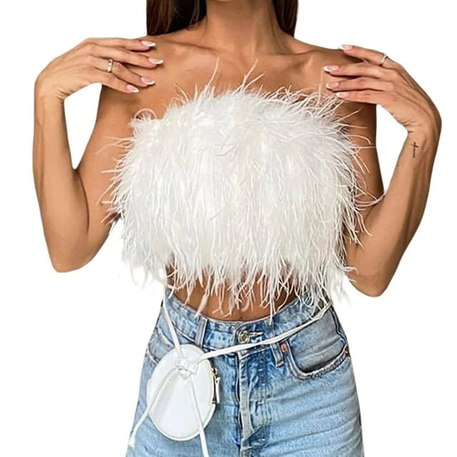 Women Artificial Fur Feather Vest Sleeveless Strapless Fluffy Backless Slim Fit Tube Tops