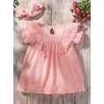 thumbnail image 3 of Seyurigaoka 2Pcs Newborn Girl Cute  Sweet Dress Outfits, Short Sleeve Solid Color Ruffles Decor Pleated Round Neck Dress + Headband, 3 of 7