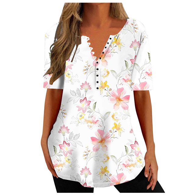 Birdeem Womens Summer V-Neck Print Casual Loose Top Short Sleeve V-Neck Button Blouses Tops