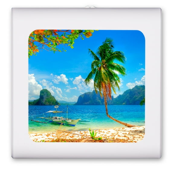 Plug in Dimmable LED Night Light with Dusk to Dawn Auto Sensor, Adjustable Brightness, Warm Light, Auto On/Off Nightlight for Bathroom, Hallway, Nursery, Bedrooms - Catamaran Tied off on the Beach