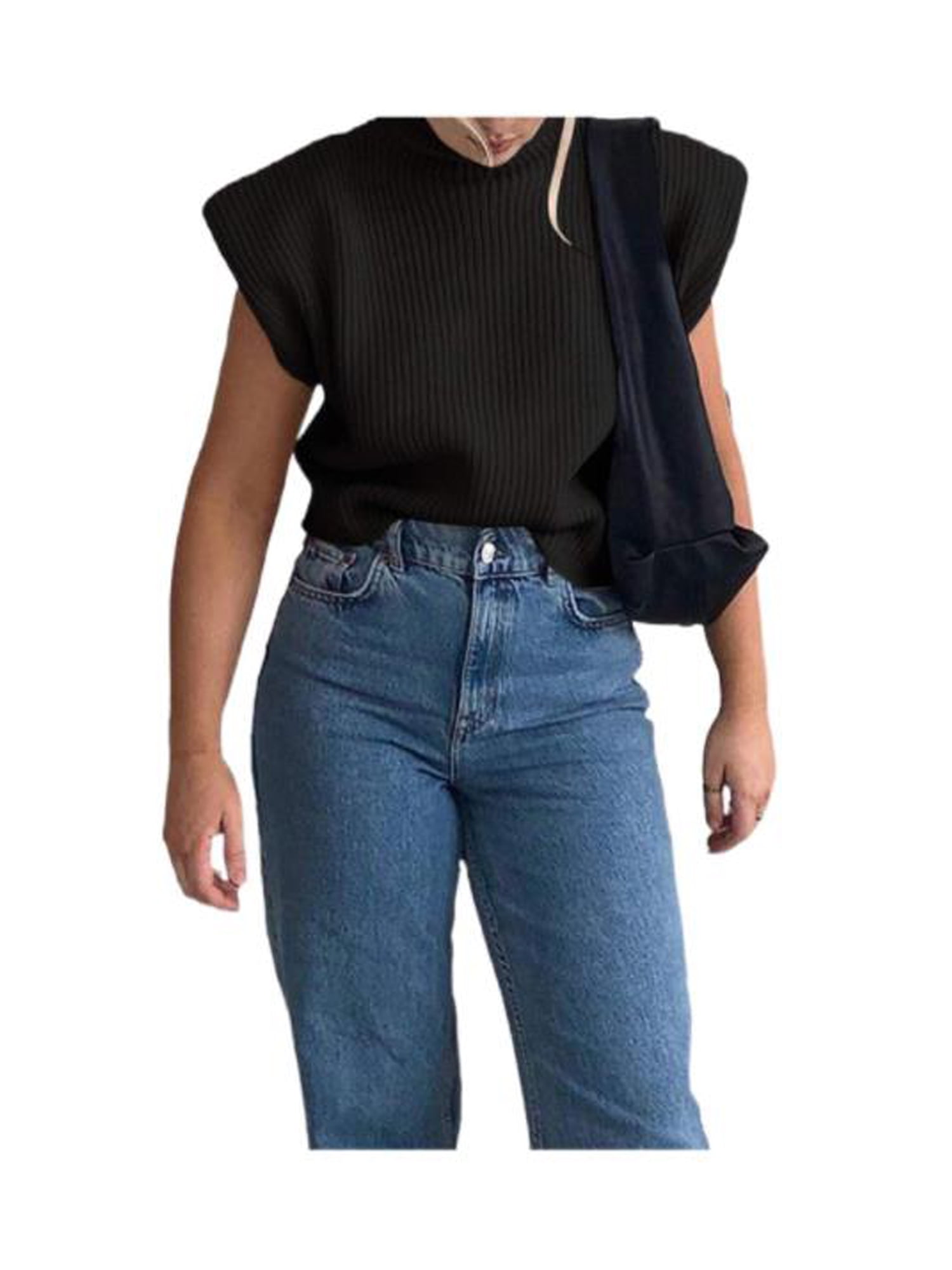 wsevypo Women Sleeveless Turtleneck Sweater Vest Shoulder Pad Sweater