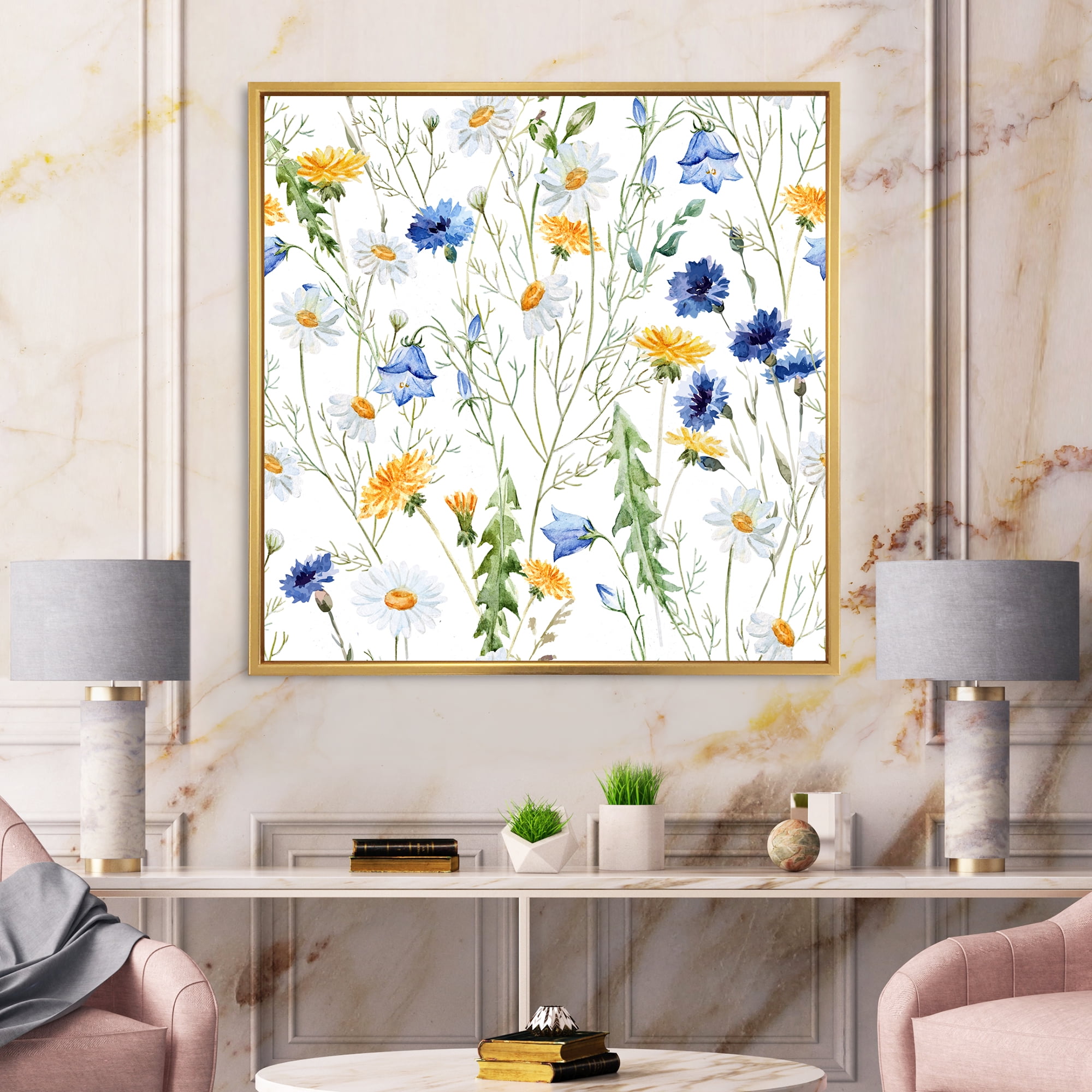 Designart 'Wildflowers Clover Bell and Chamomile II' Traditional Framed Canvas Wall Art Print