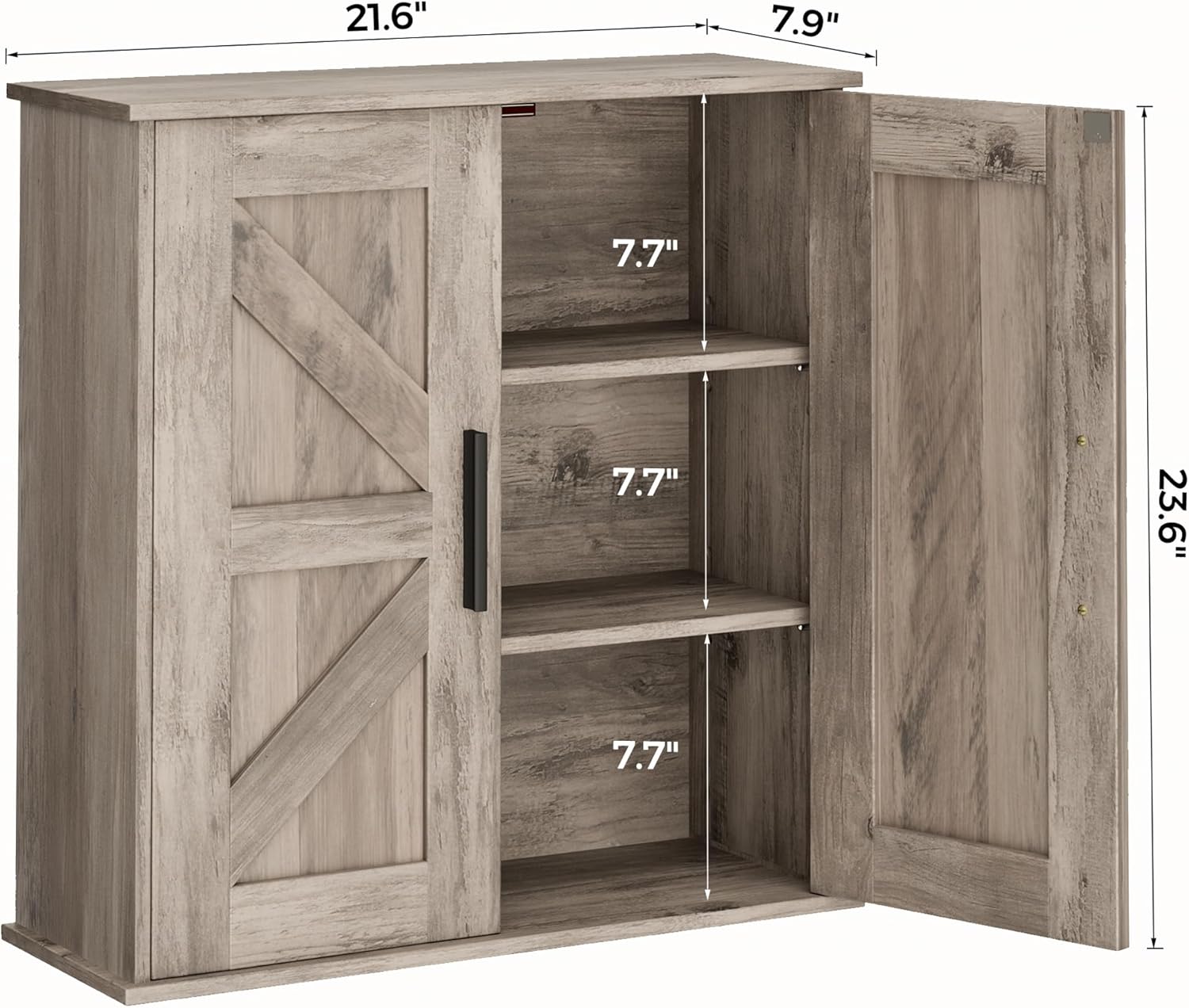 Bathroom Wall Cabinet, Over Toilet Storage Cabinet with Barn Doors and Adjustable Shelves, 3-Tier Medicine Cabinet Wall Mounted, for Bathroom, Kitchen, Entryway, Laundry Room, Greige, (7.9" D)