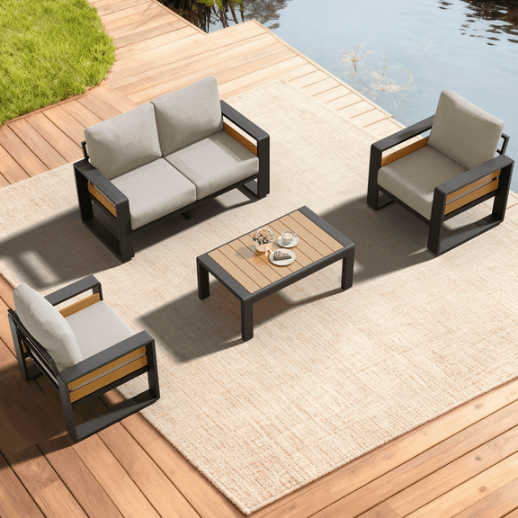 Clouddwell 4-Seats Aluminum Patio Furniture Set, Outdoor Metal Sofa Conversation Set with Coffee Table for Pool Garden Porch Backyard, Light Gray
