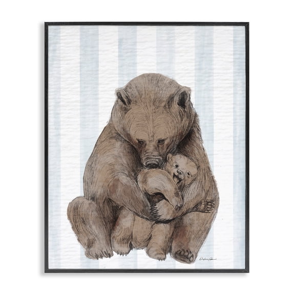 Stupell Industries Cottage Bear and Cub Blue Stripes Black Framed Giclee Art, 24 x 30, by Lil' Rue