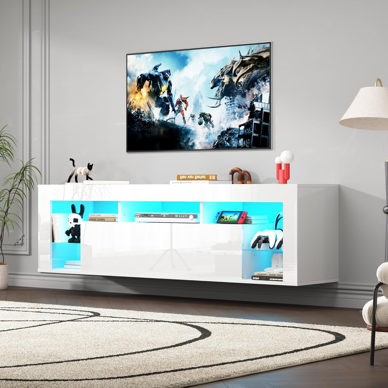 ChVans Floating TV Stand for TV's up to 75", Wall Mounted Floating Entertainment Center with LED Lights, Modern Wood TV Cabinet for Living Room, Bedroom,White