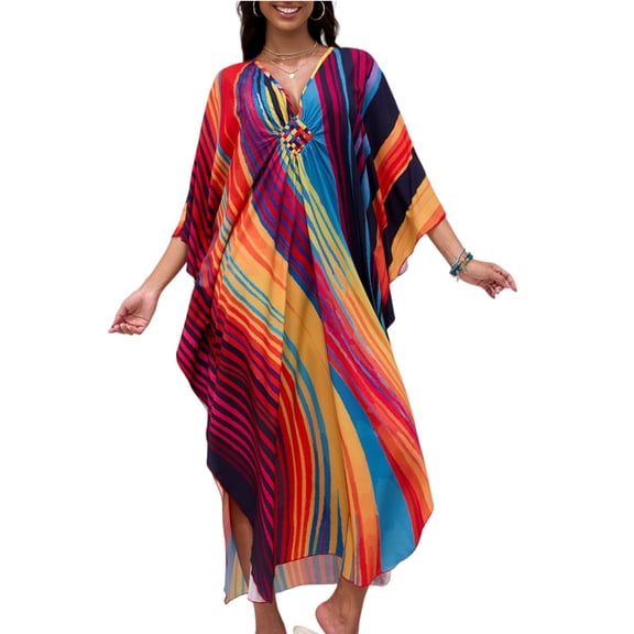 HAJWOH Kaftan Loungewear Dress Women’s V Neck Batwing Sleeve Lightweight Plus Size Beach Cover Up