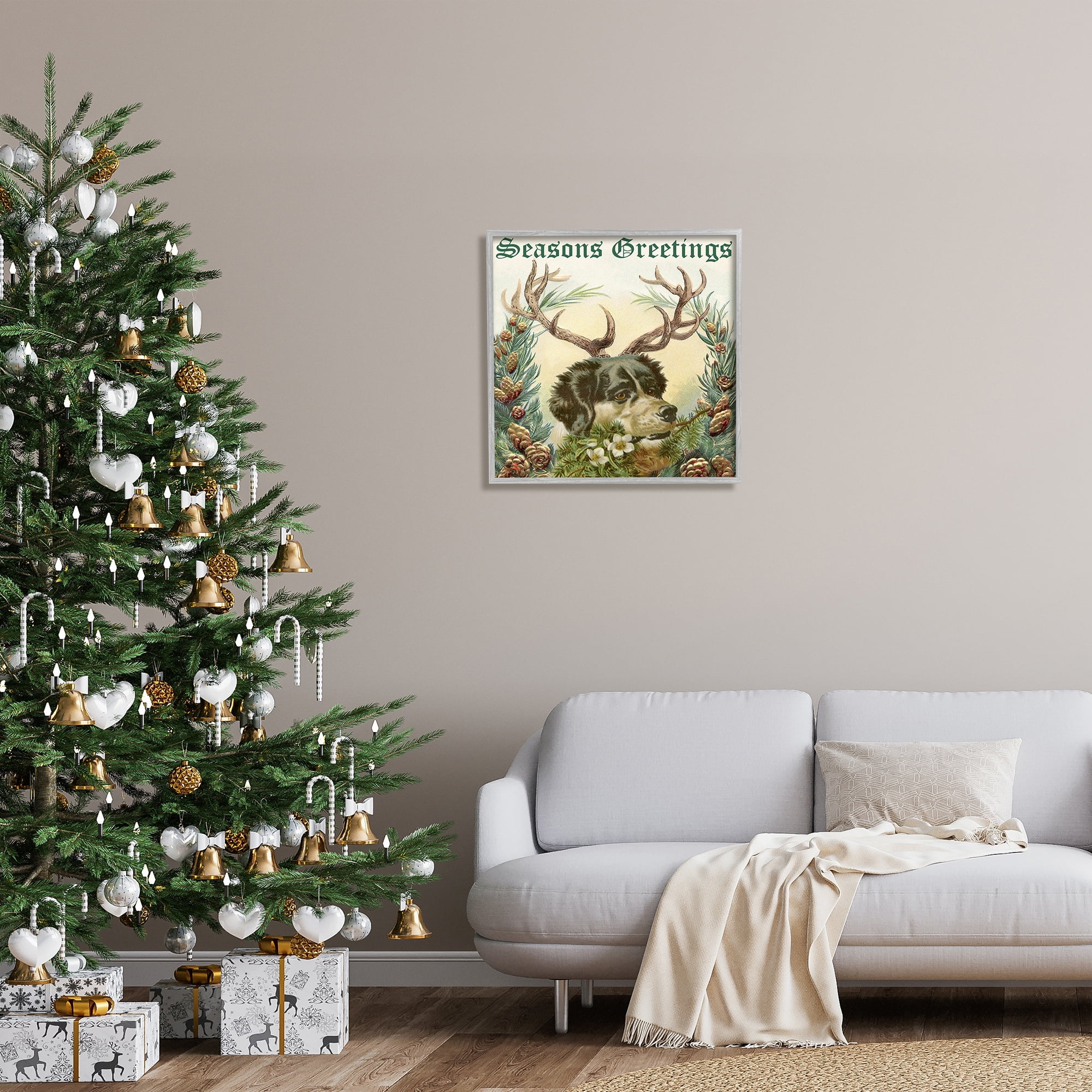 Stupell Industries Seasons Greetings Dog Wearing Antlers Botanical Border Graphic Art Gray Framed Art Print Wall Art, Design by Alicia Longley
