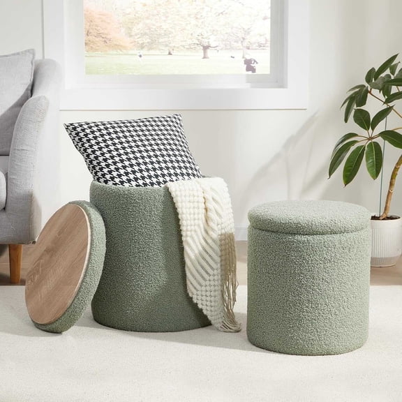 SONGMICS Vanity Stool, Set of 2, Round Storage Ottoman, Small Coffee Table, Foot Stool, Removable Lid, Easy Assembly, Teddy Fleece, Laurel Green