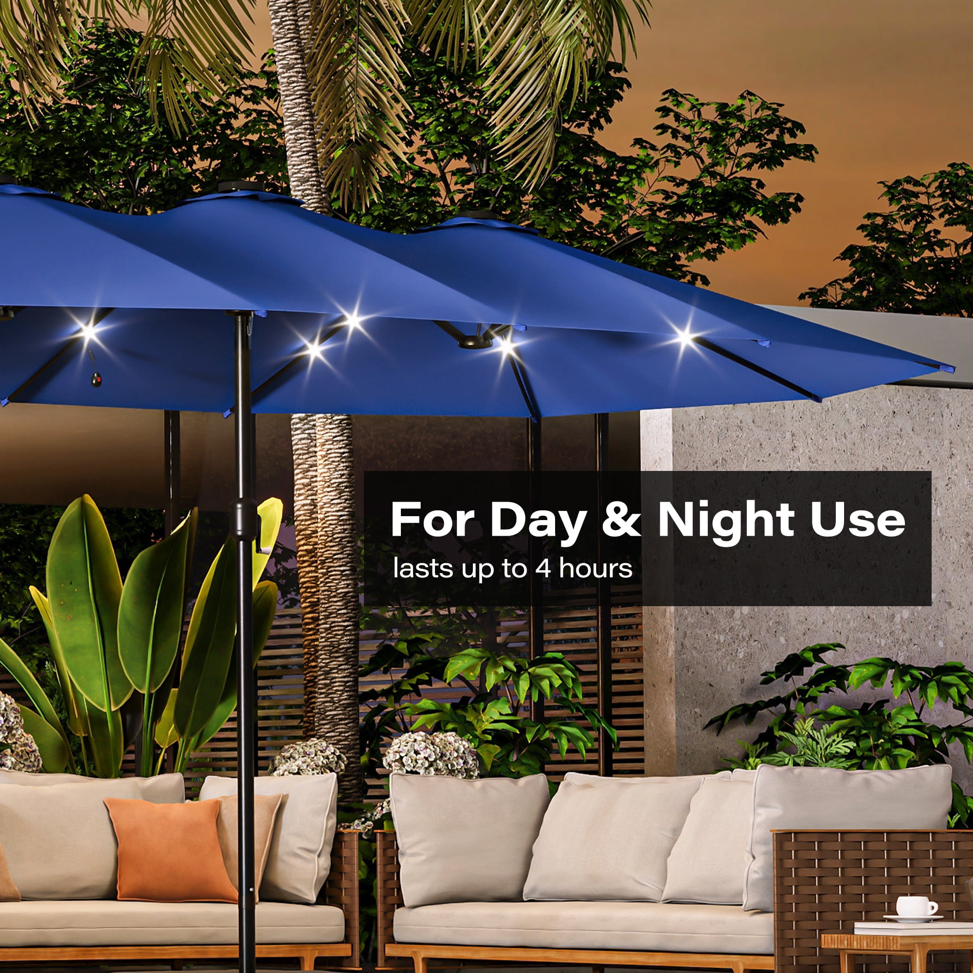 LAUSAINT HOME 15ft Double Sided Patio Umbrella with Base & Lights for Garden, Poolside, Navy Blue