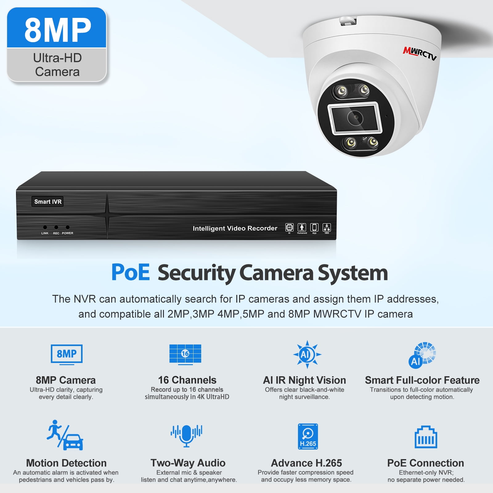 MWRCTV 4K Security Camera System,8 x 8MP Wired Dome IP PoE Cameras for Home Security,110°Wide Angle Lens,2-Way Audio,Smart Dual Light,Human Vehicle Detection,8 Port 16CH 4K NVR,24/7 Recording(NO HDD)