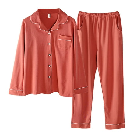 

Two Piece Outfits for Women Pants Set Dressy Casual Plain Color Long Sleeve Shirts Button Down Pajamas with Pockets