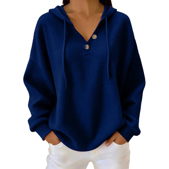 Cmfcve Women's Fall Hoodies V Neck Waffle Knit Hooded Sweatshirts Long Sleeve Loose Fit Casual Pullover Tops