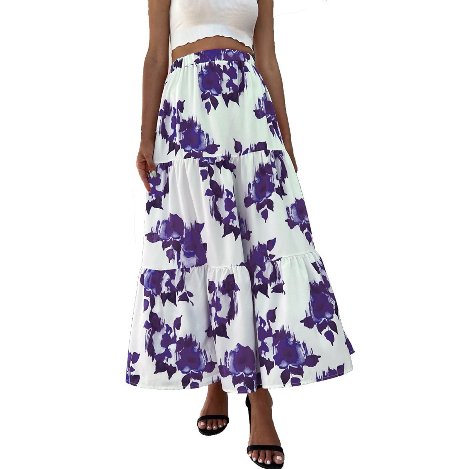 Midi Skirt Summer Women s High Waist Boho Floral Print Pleated Maxi Skirt Casual Flowy Swing A Line Beach Long Skirts Purple Walmart