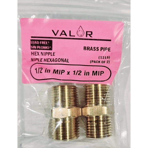 2 Pack- Valor 1215-2P- 1/2" X 1/2" NPT Solid Brass Hex Nipple Male Pipe Adapter