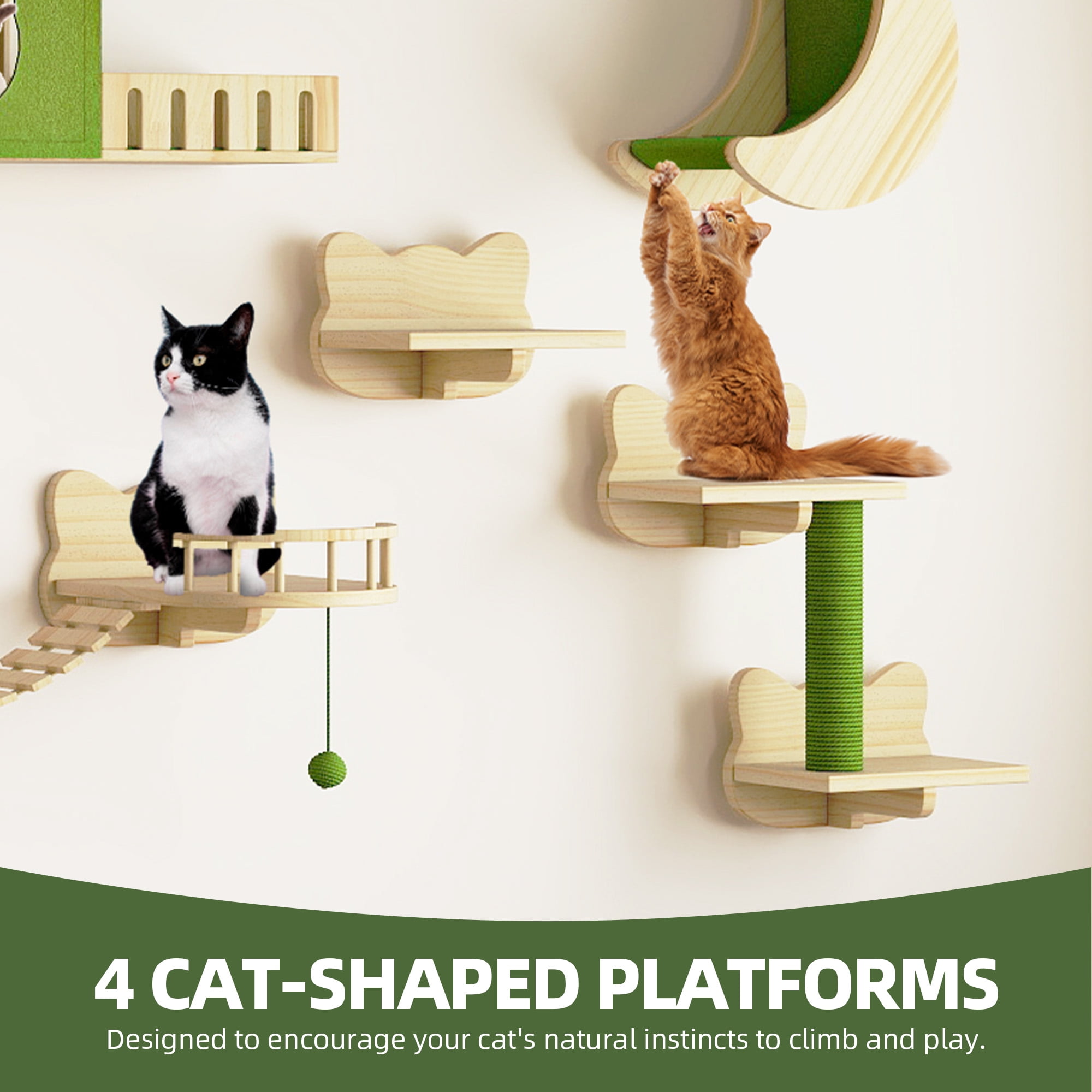Uforic Cat Wall Shelves and Perches, Wooden Wall-Mounted Cat Furniture Set of 16 with 3 Cat House, 7 Shelves, 2 Sisal Posts & Hanging Balls for Indoor, Green & Wood