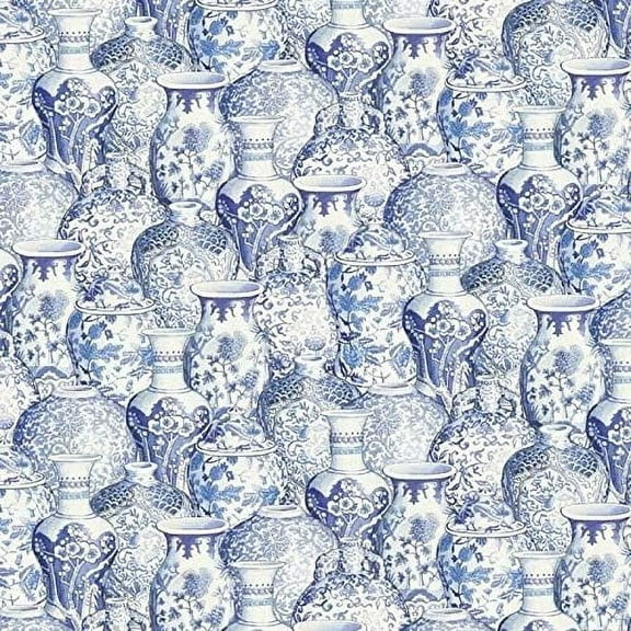 David Textiles Peacock Arbor Ginger Jar China Vase Blue White 100% Cotton Fabric sold by the yard