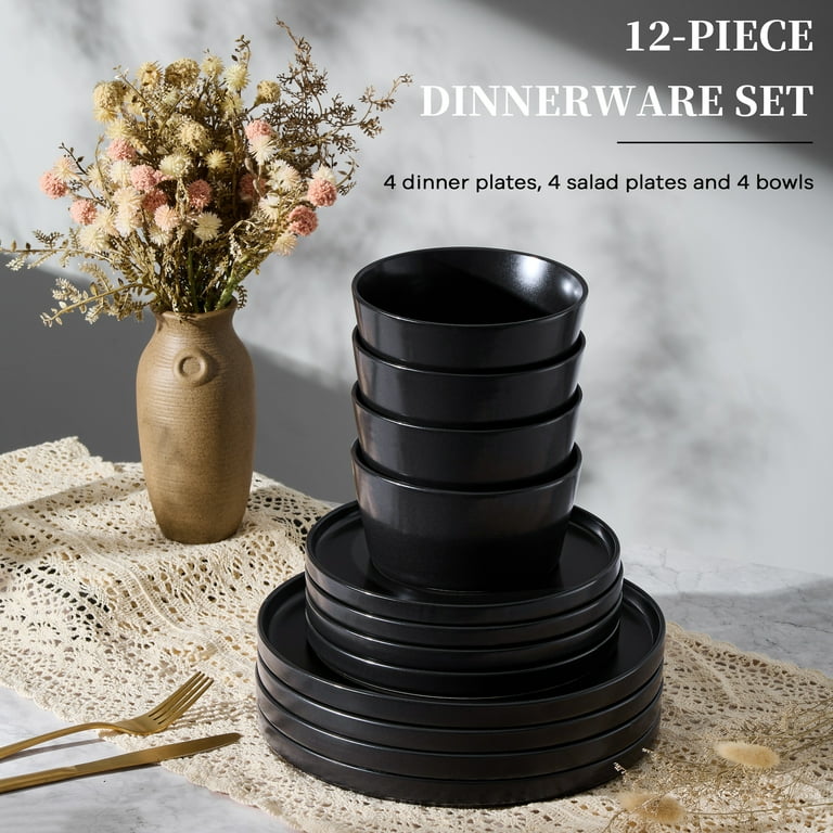 12-Piece Stoneware Dinnerware Set for 4, Black photo 4